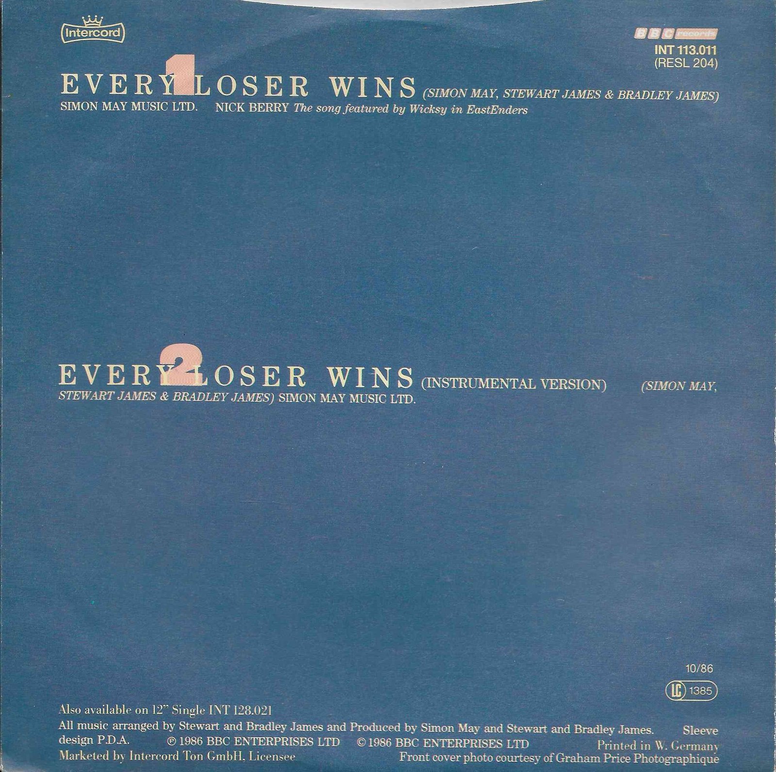 Picture of INT 113.011 Every loser wins by artist Simon May / Stewart and Bradley James from the BBC records and Tapes library